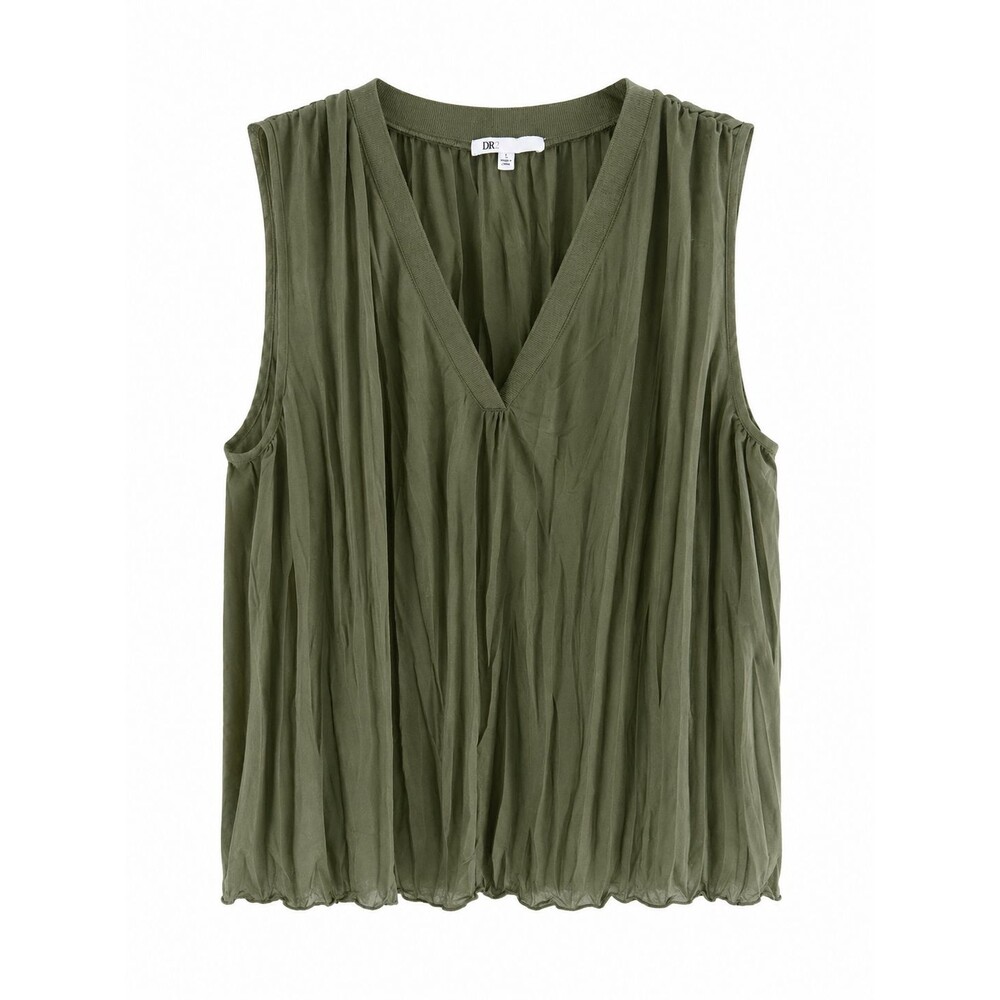 Women's DR2 Olive Crinkly Pleated V-neck Sleeveless Oversized Blouse Size L